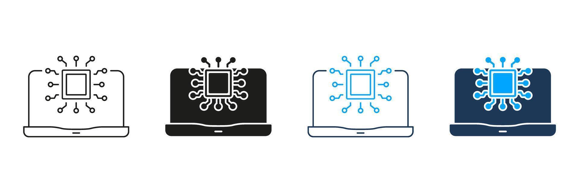 Laptop With Microchip Line And Solid Icon Set. Computer Technology, Digital Processing, And Hardware Integration Symbol Collection. Circuit Board And Computing Power. Isolated Illustration vector