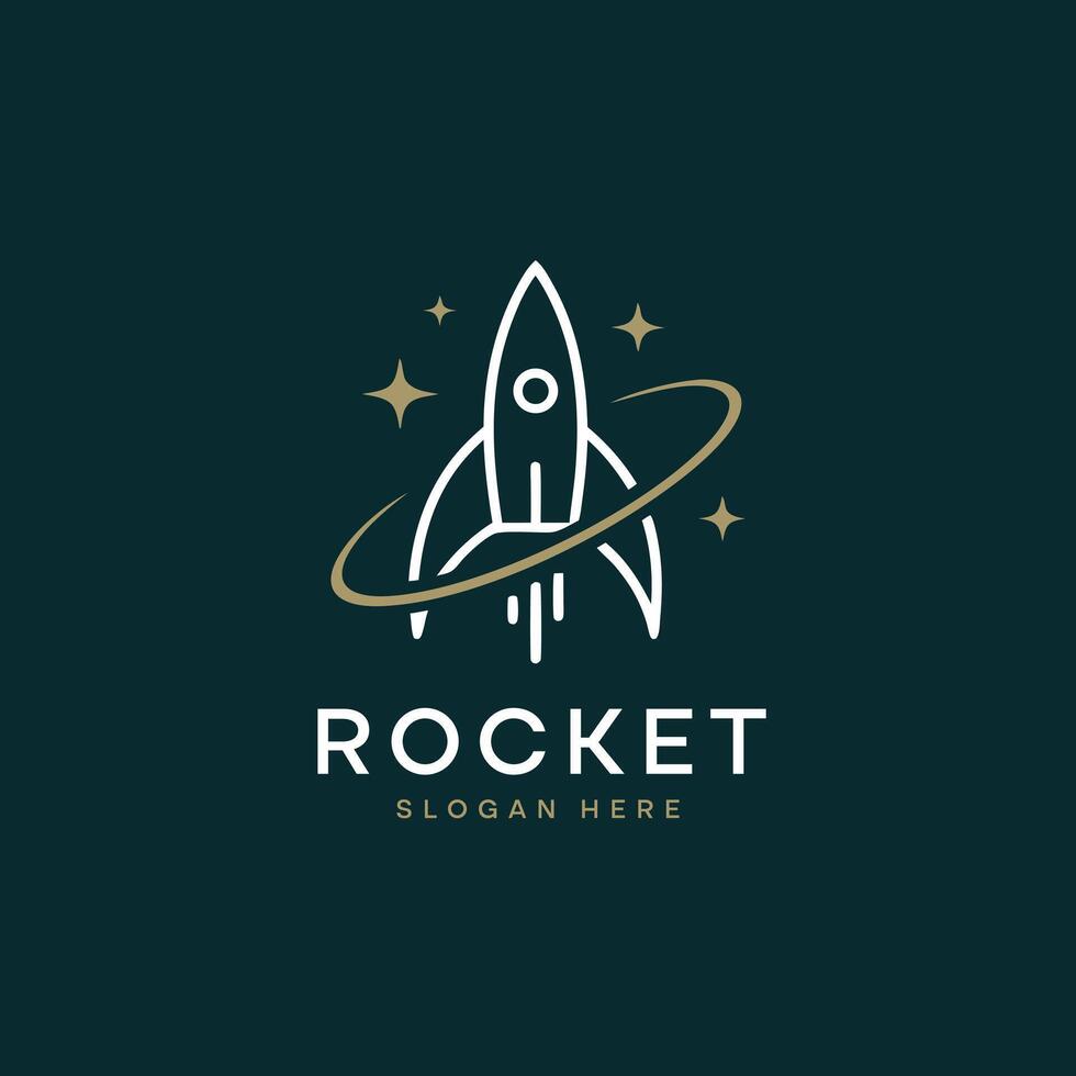 Modern rocket logo design with orbit ring and stars, symbolizing innovation, startup growth, and futuristic space exploration on a dark background vector