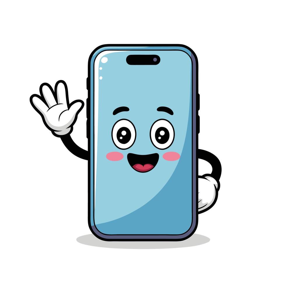 Cute cartoon smartphone character with happy face and waving hand, friendly technology illustration symbolizing communication, digital connection, and mobile device interaction vector