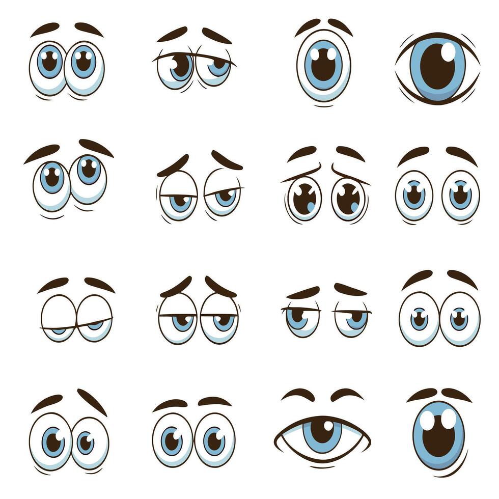 Set of expressive cartoon eyes showing different emotions and moods, perfect for character design, animation, comics, and creative illustration projects vector