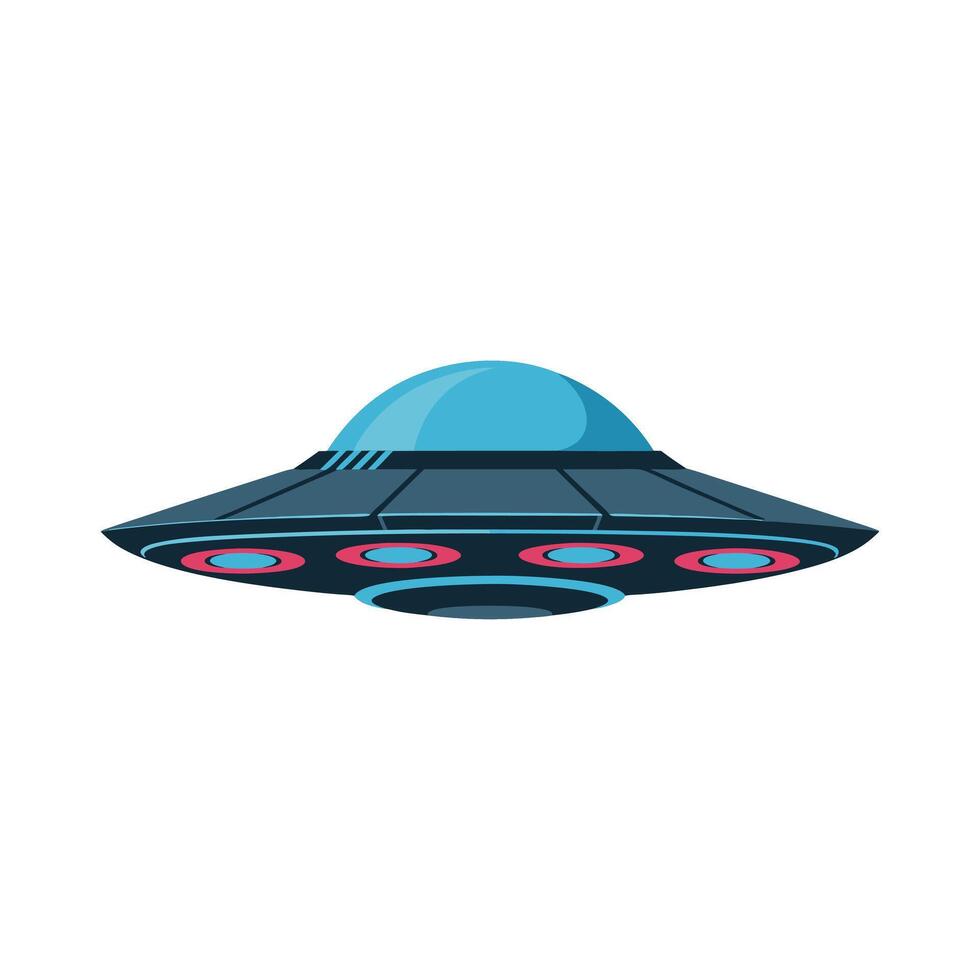Futuristic UFO spaceship illustration with glowing lights and metallic blue dome, representing science fiction, alien technology, and interstellar exploration concepts vector