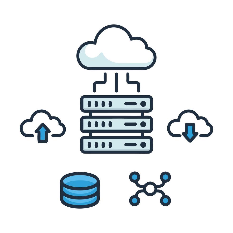 Cloud computing network illustration showing data storage servers connected to cloud icons for upload and download, symbolizing online data management and digital infrastructure vector