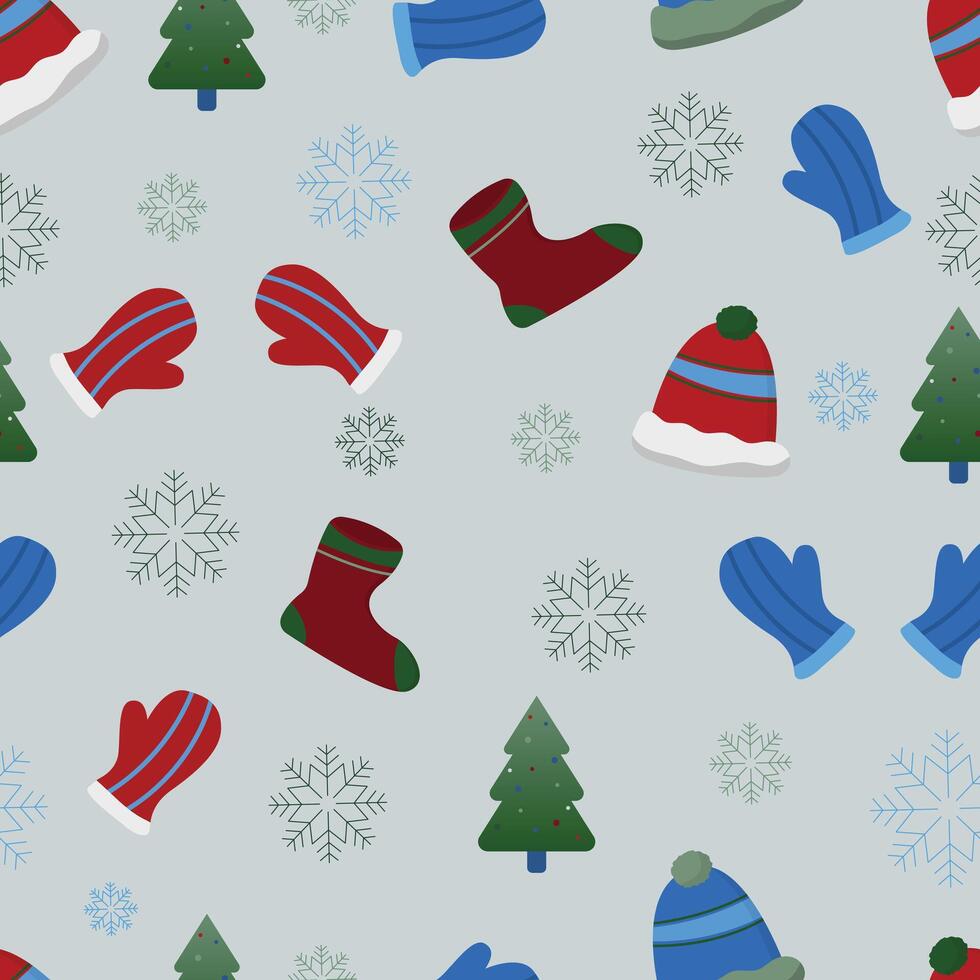 Seamless winter pattern featuring colorful mittens socks hats snowflakes and christmas trees on soft light background perfect for festive wrapping paper fabric and holiday design vector