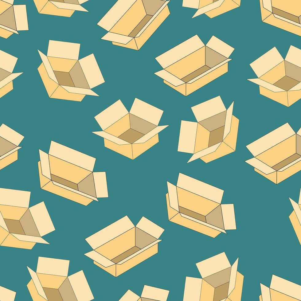 Seamless cardboard boxes pattern background featuring open parcels and packaging on teal backdrop, perfect for delivery, logistics, wrapping, shipping, and product design themes vector
