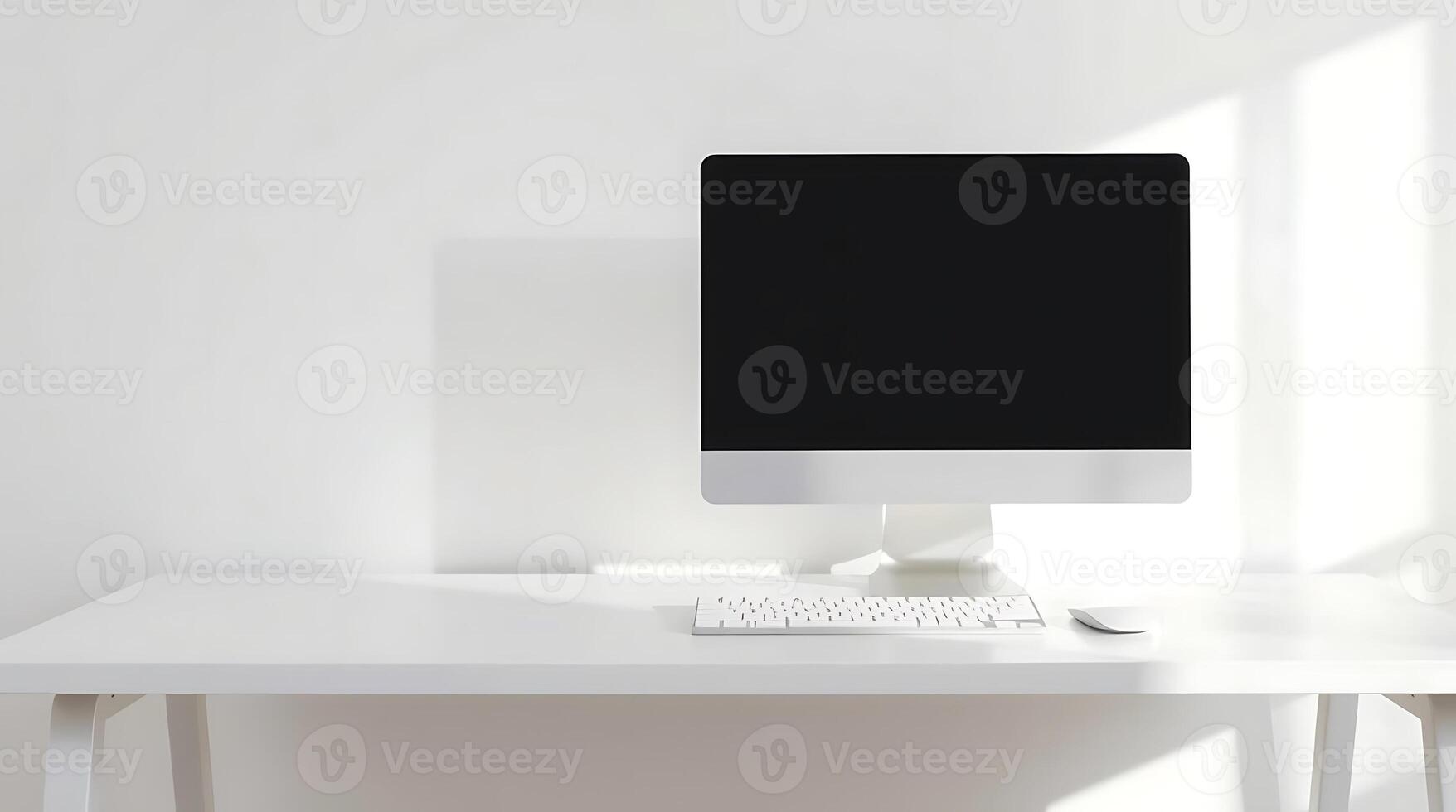 Modern minimalist workspace setup with sleek white computer and keyboard for creative work and productivity photo