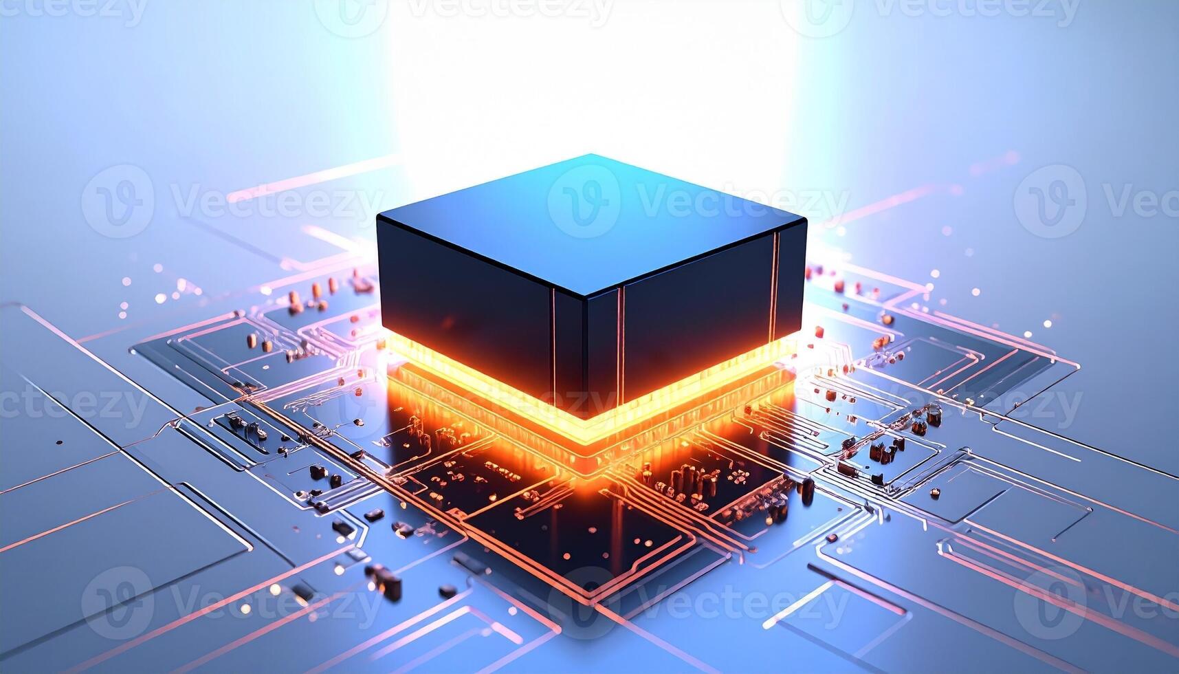 Cutting edge technology concept with vibrant circuit board and processor for digital future visuals and innovative tech solutions photo