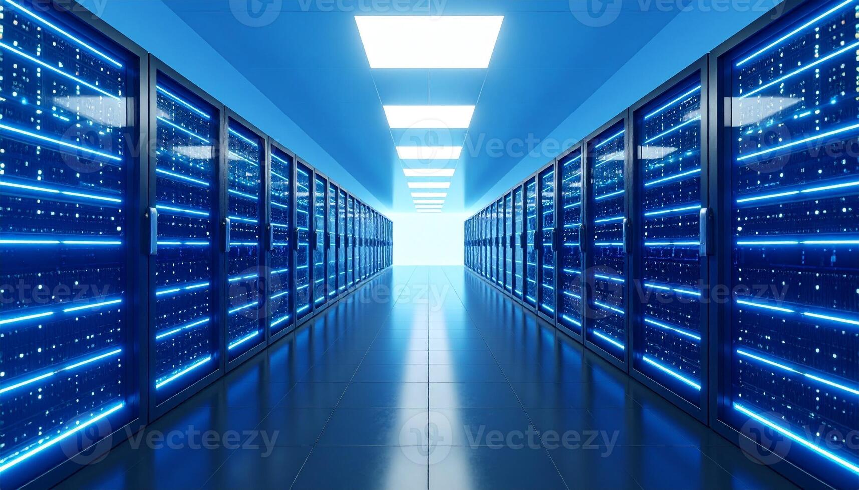 Modern data center with rows of glowing servers for cloud computing or network infrastructure solutions and technology innovation photo