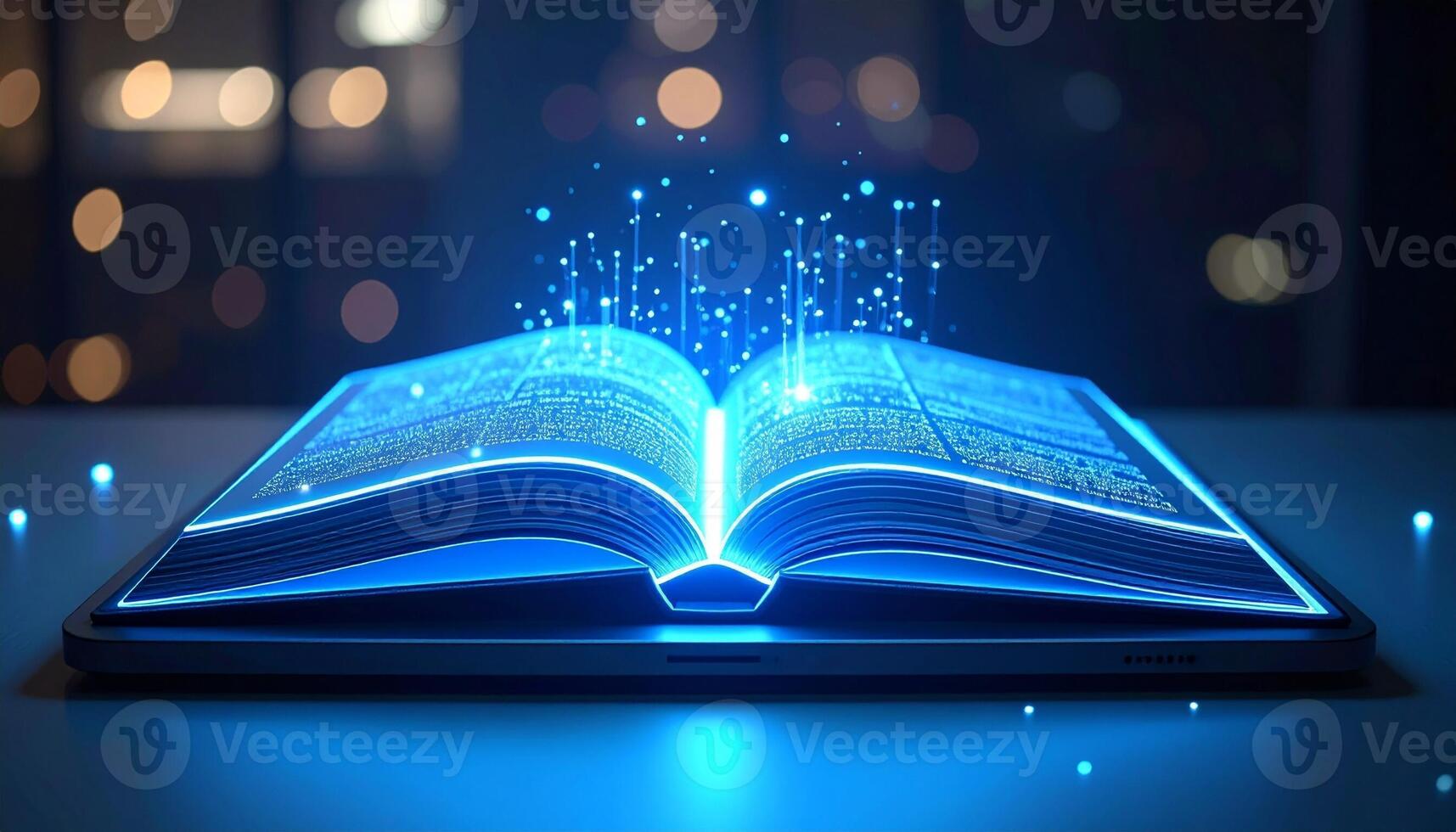 Open digital book with glowing data streams and futuristic luminous design for modern technology concepts photo