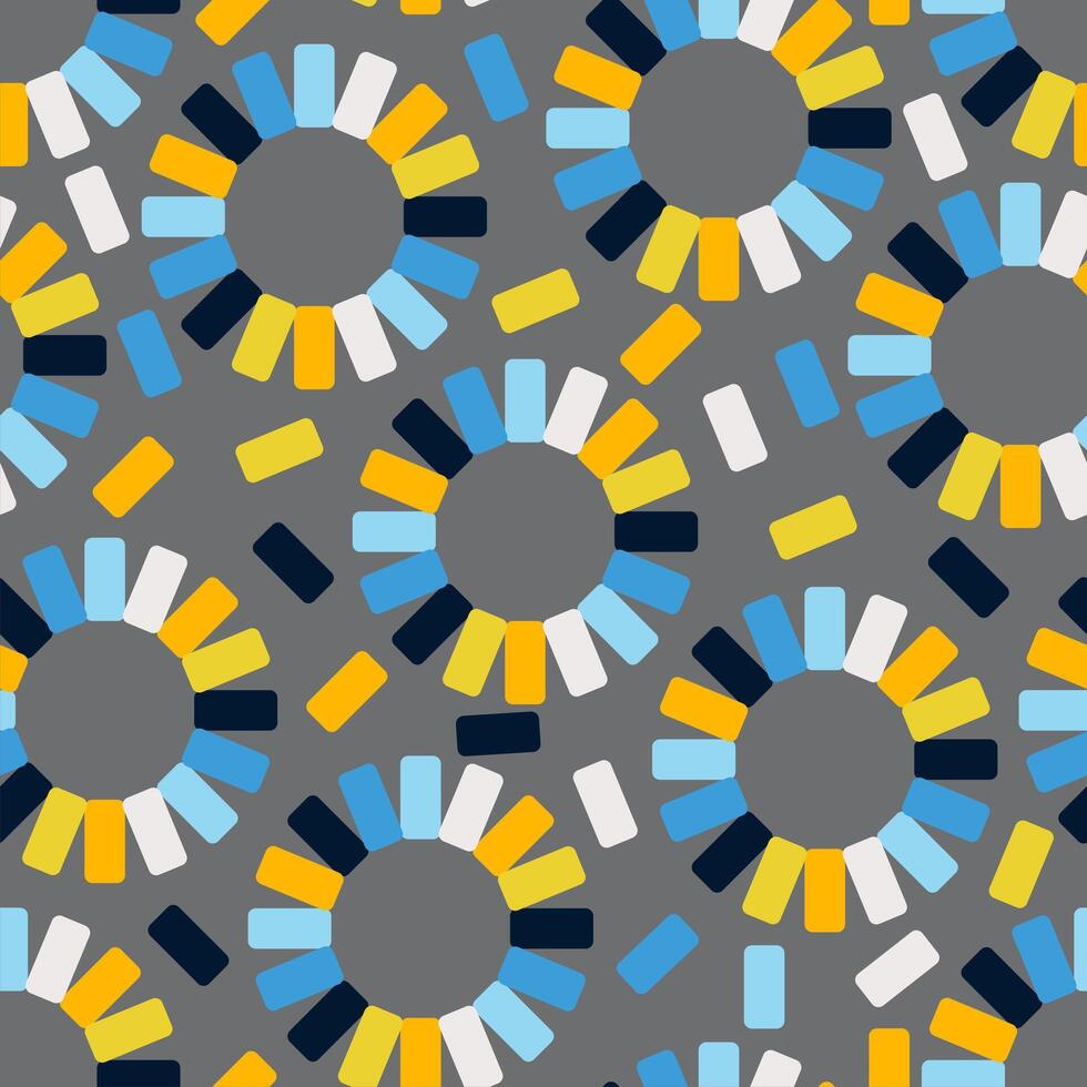 Decorative modern design, ornamental graphic pattern. Circles with rounded stickers rectangles. Gray background. vector