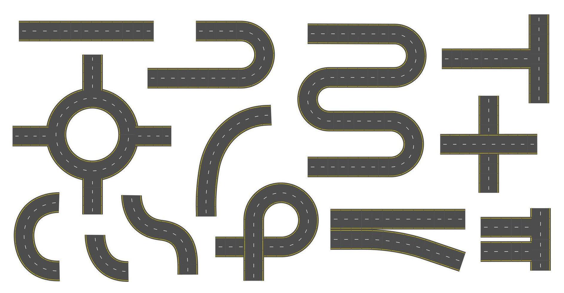 Set of connectable highway elements isolated on white background. Different style roads. vector