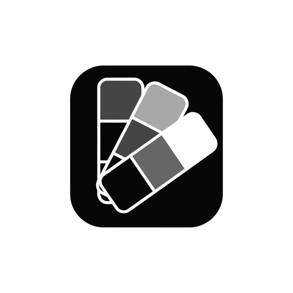 Black Square Icon Featuring Three Grayscale Color Swatches Arranged Overlapping in a Fan Shape Each Swatch Shows Four Different Shades of Gray White Outline vector