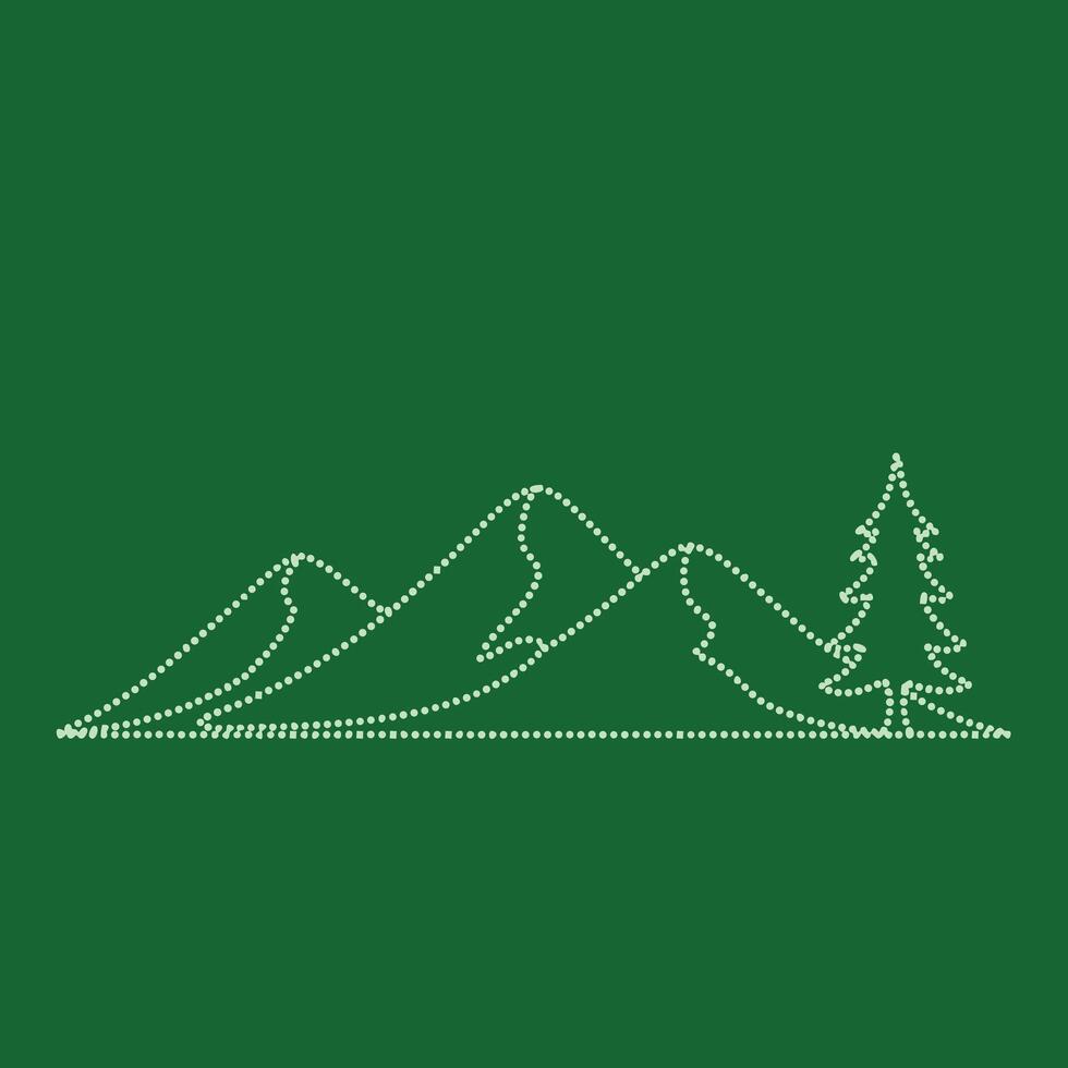 Minimalist dotted line drawing of mountain range and pine tree on solid green vector