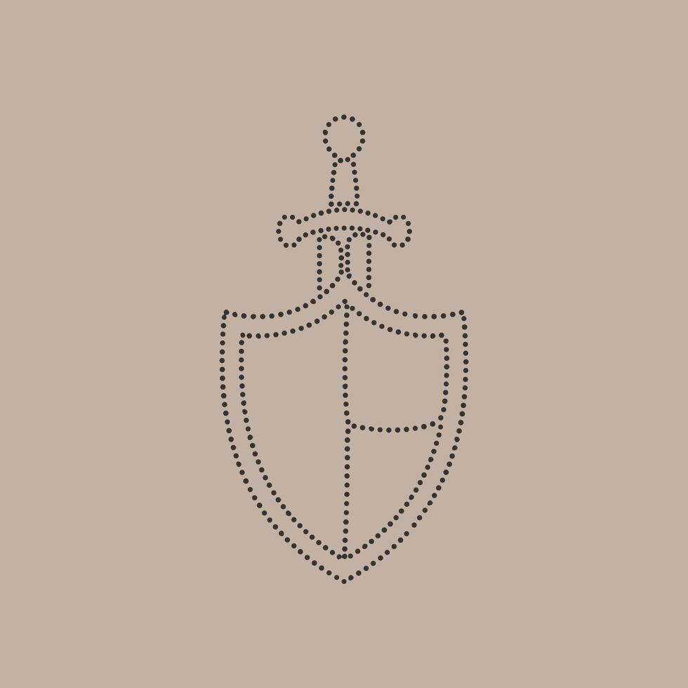 Minimalist outline of a shield with a sword crossing behind it, symbolizing protection, defense, and strength in a simple design vector