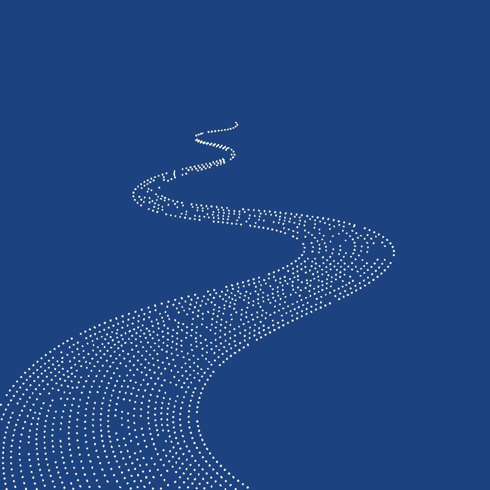 Abstract winding pathway composed of small illuminated dots against a deep blue creating a sense of depth and movement vector