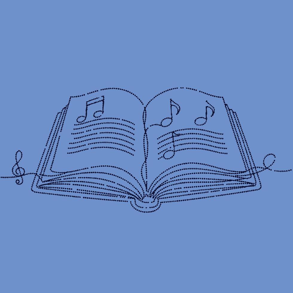 Open book with musical notes and staff lines floating above, symbolizing music, learning, and creativity on a solid blue vector