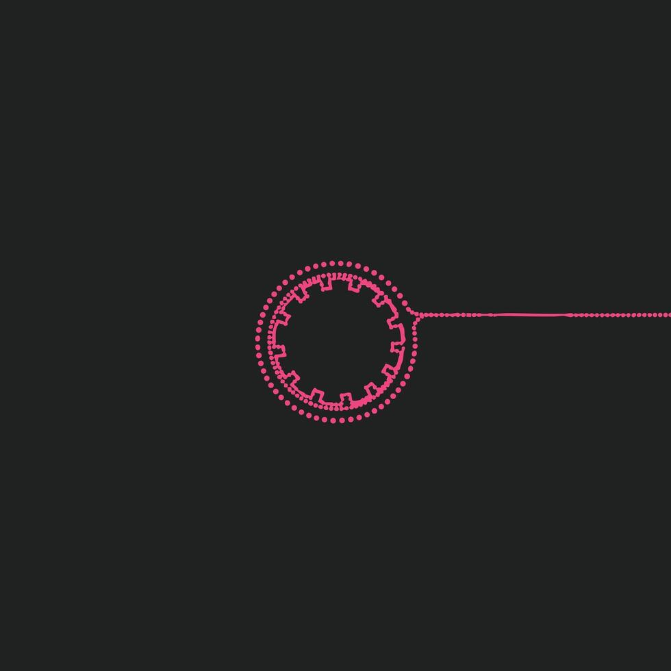 Futuristic neon pink circular digital interface with intricate patterns and a connecting line on a dark vector