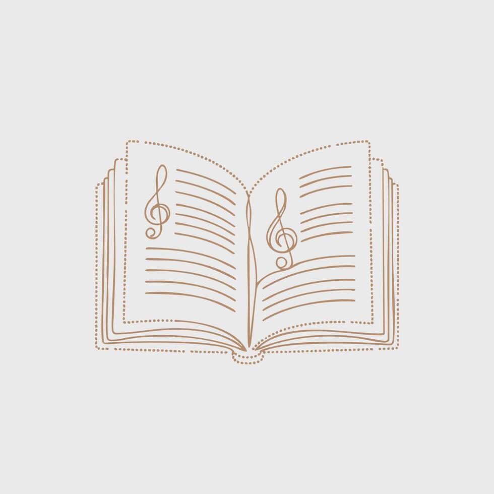Open book with musical notes and staff lines on pages, symbolizing music, learning, and artistic expression in a simple, elegant style vector