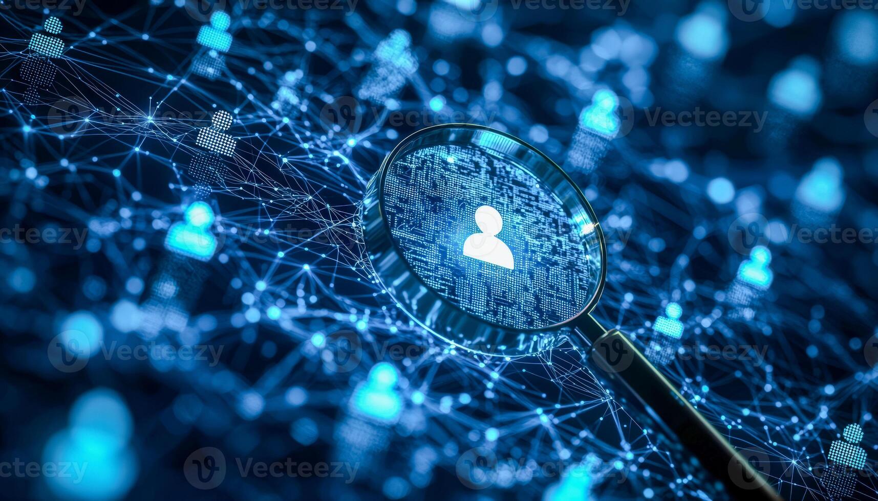 Digital network and user profile analysis with magnifying glass visualization photo