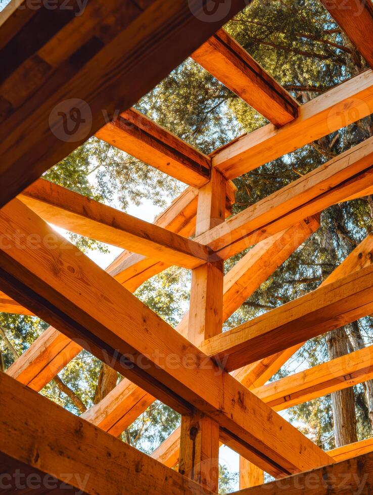View of a partially constructed wooden roof framework amidst tall trees in a forest setting photo