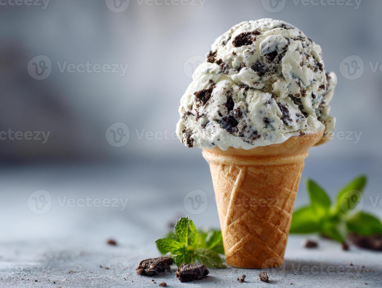 A tempting scoop of cookies and cream flavored ice cream served in a crispy waffle cone with fresh mint leaves and cookie crumbs on a smooth surface against a soft blurre photo