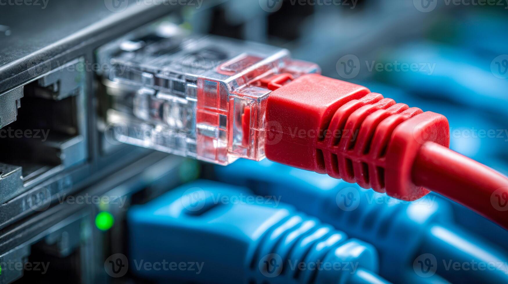 Network cables connected to a server port showing red and blue wiring for data transmission and internet connectivity in a technology infrastructure setup photo