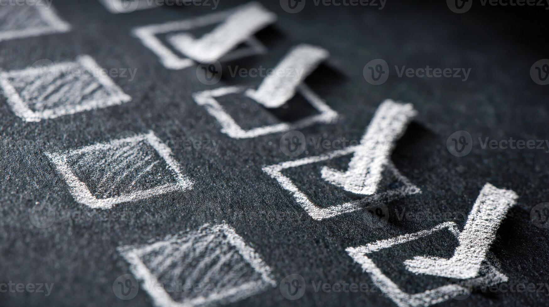 Detailed view of a black chalkboard with hand-drawn checkboxes and bold check marks highlighting tasks marked as complete in a dynamic perspective angle photo