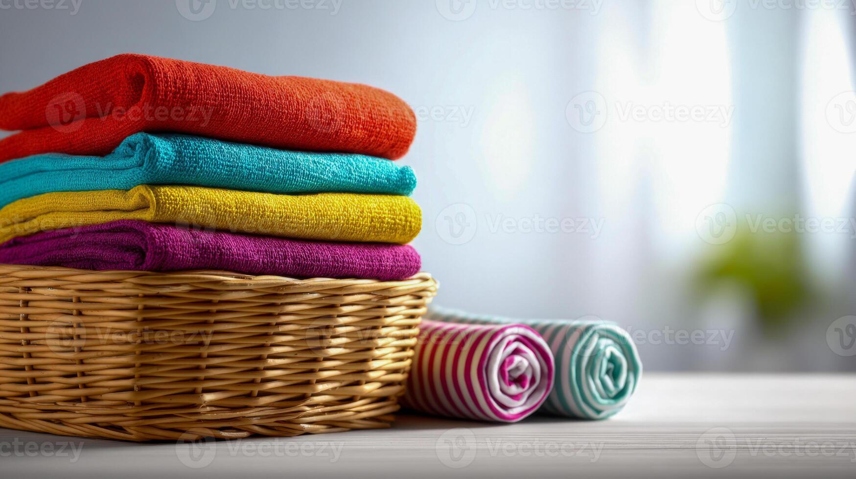 Vibrant folded textiles stacked in a wicker basket next to two rolled striped fabrics on a wooden surface with soft natural window light in the background photo