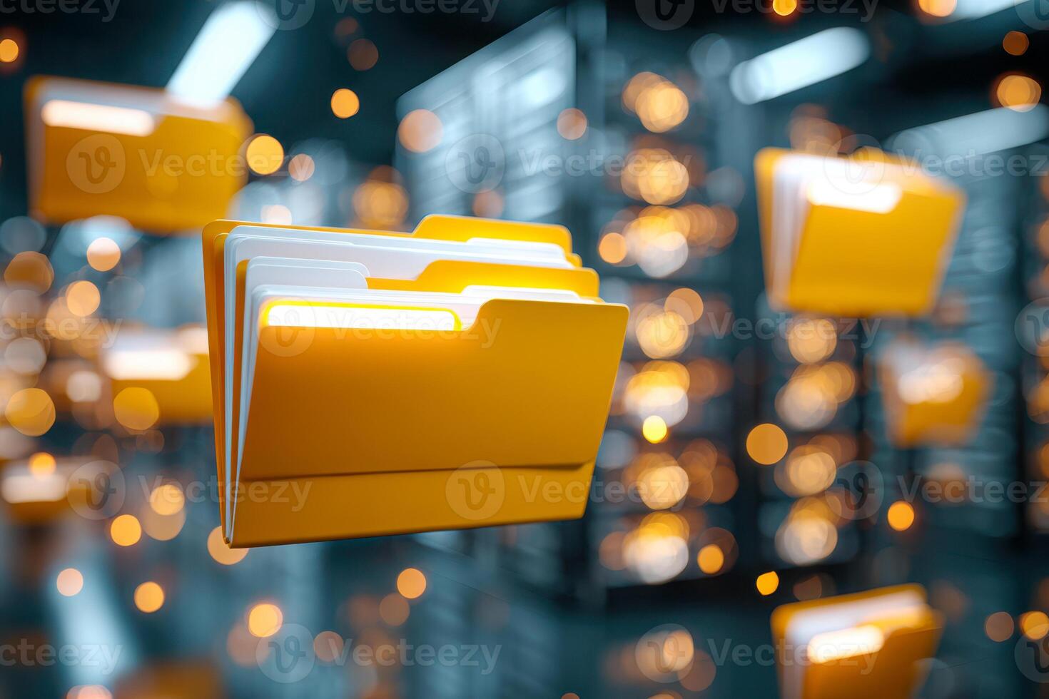 Digital storage system with floating yellow folders representing cloud data management photo