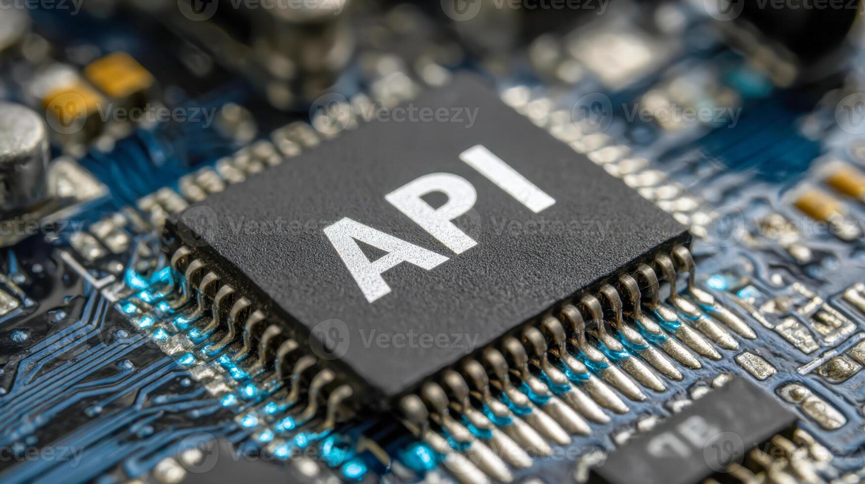 High-tech microchip with api inscription on an intricate printed circuit board illustrating advanced technology and electronic connectivity concepts photo