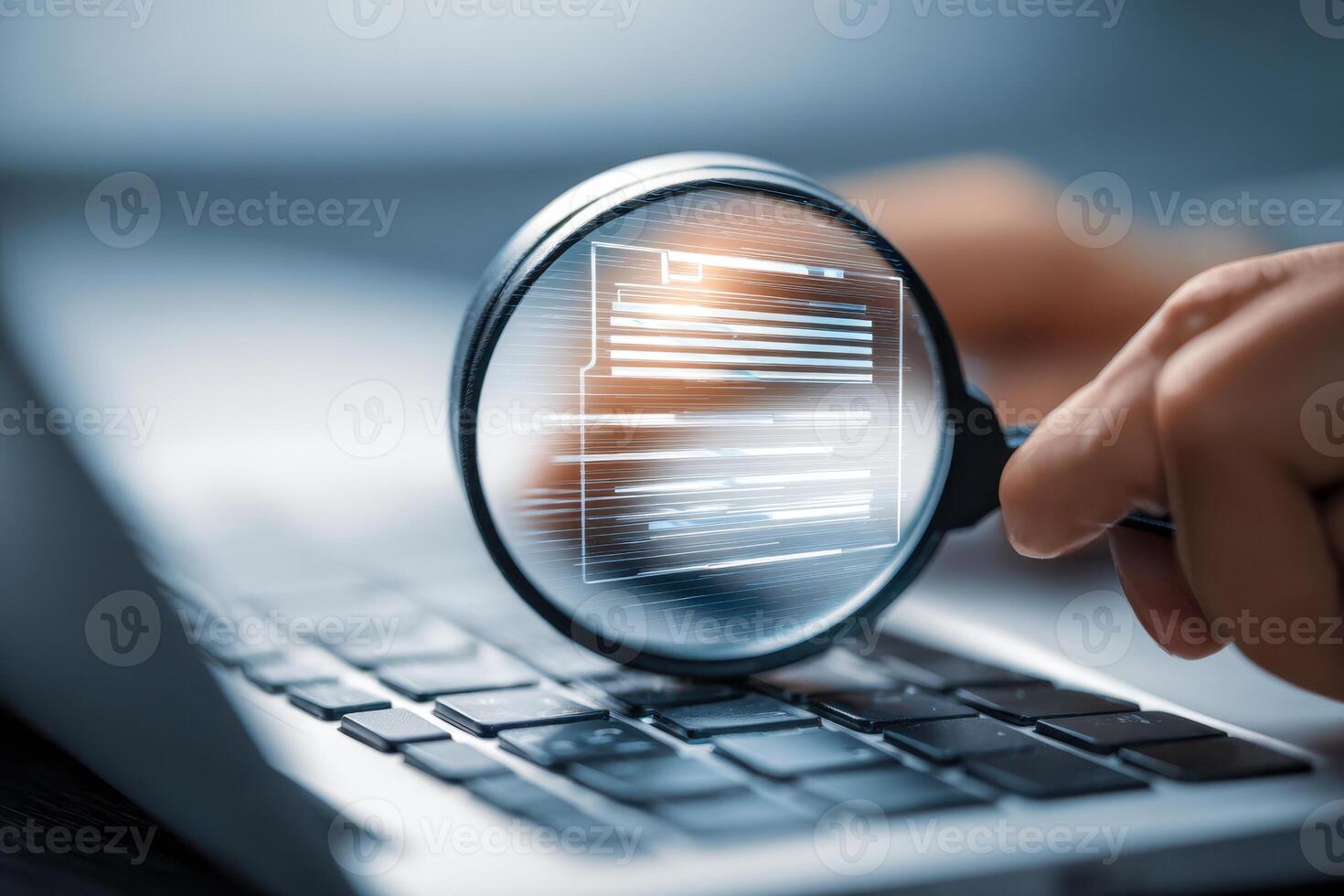 Hands holding a magnifying glass examining digital data on a laptop keyboard, symbolizing cybersecurity analysis, data inspection, or digital investigation process photo