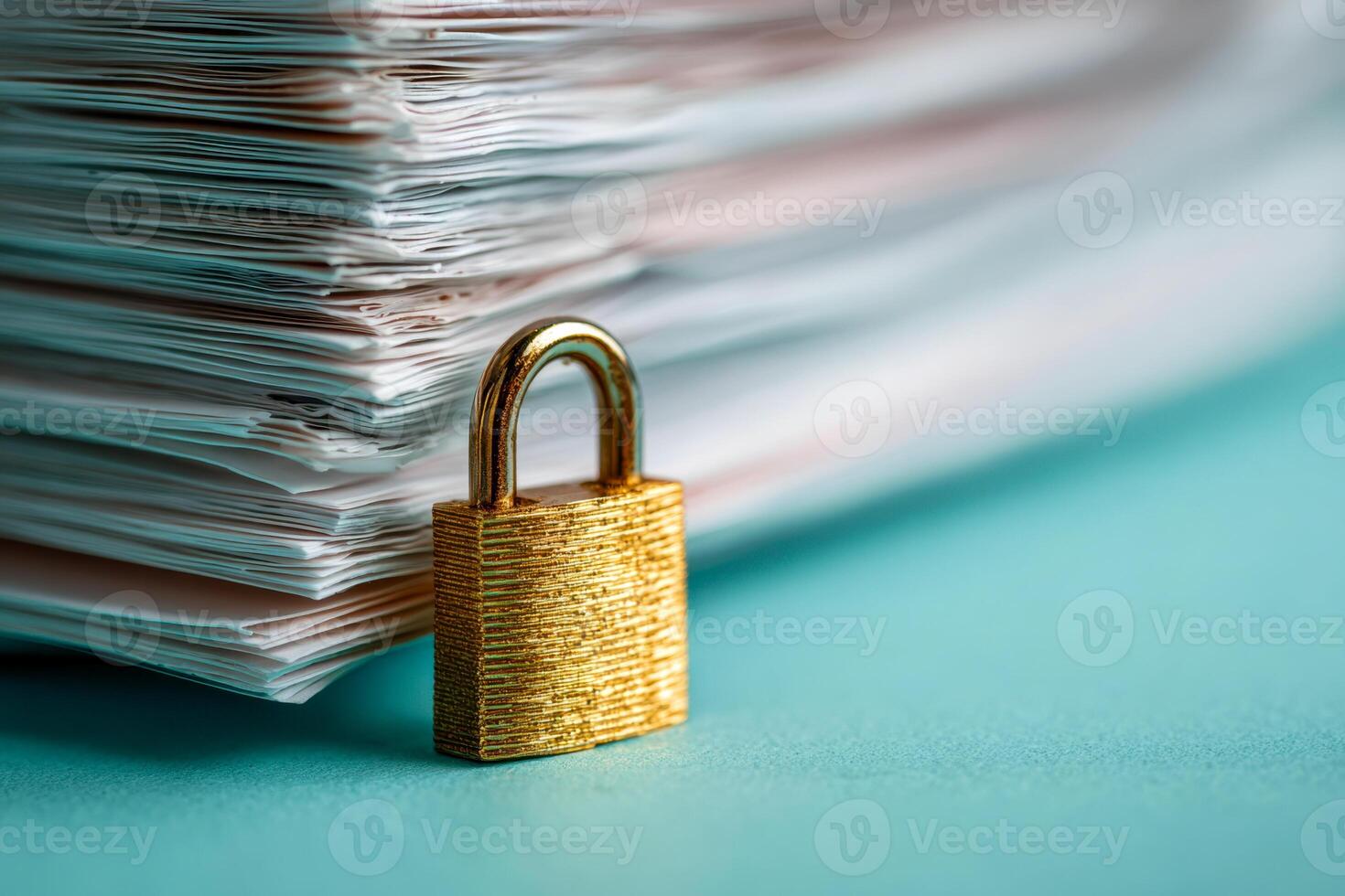 Stack of paperwork secured by golden padlock symbolizing data protection, document confidentiality, and secure information management on turquoise surface photo
