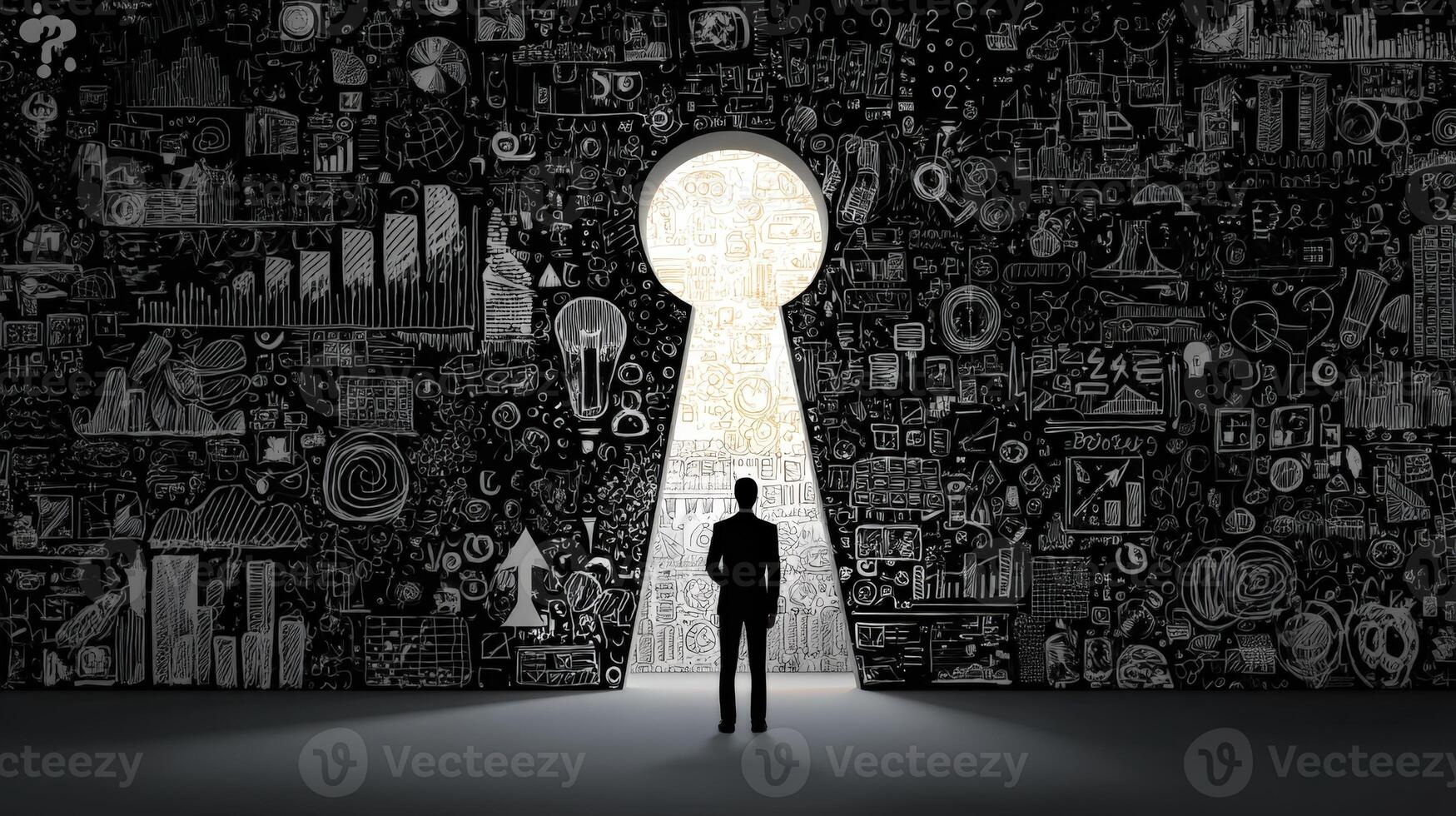 A man standing in front of a keyhole with a lot of doodles on it photo