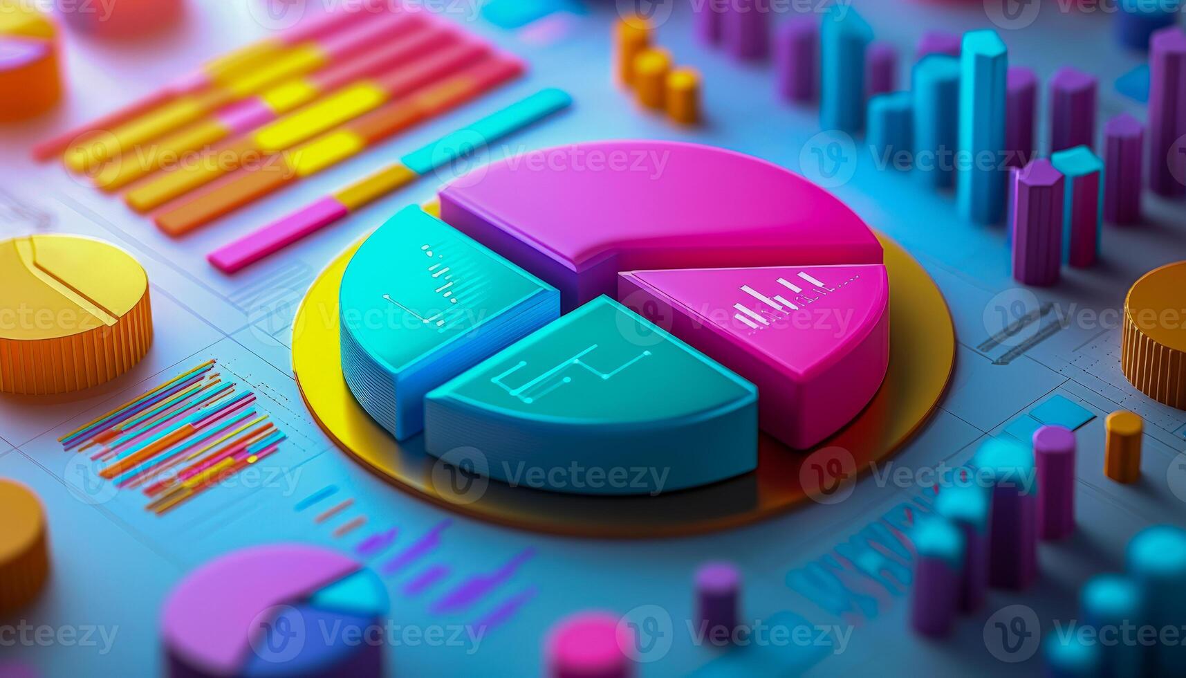 Colorful 3d pie chart with various bar and line graphs on business data analysis background photo