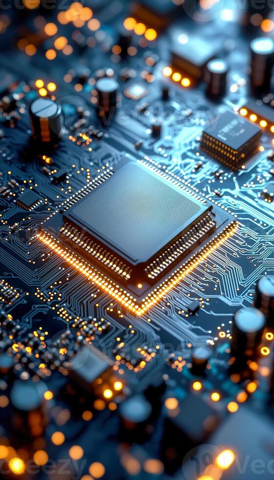 Close-up of a computer motherboard with illuminated microprocessor and electronic components photo