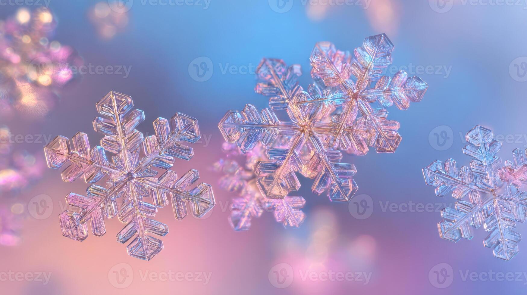 Macro photograph capturing the intricate hexagonal patterns of delicate snowflakes with soft pastel hues of pink and blue creating a dreamy winter atmosphere photo