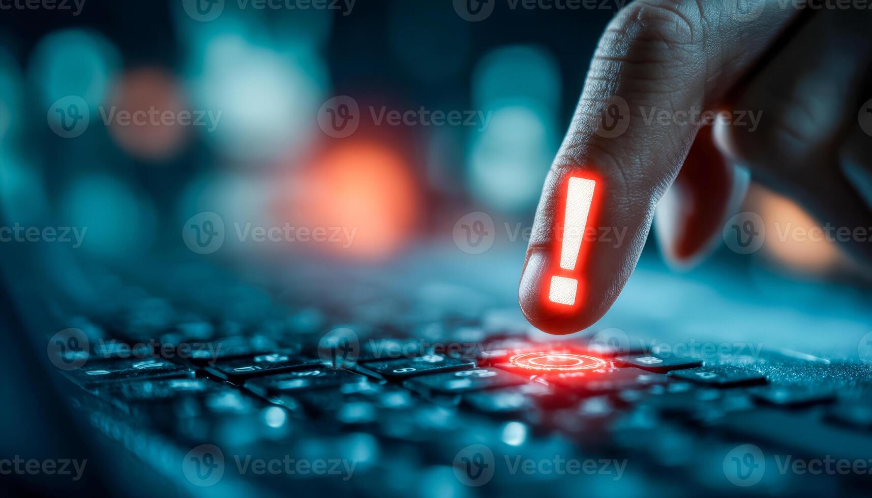 Finger pressing a keyboard key with a warning exclamation mark alert symbol illuminated on a computer screen photo