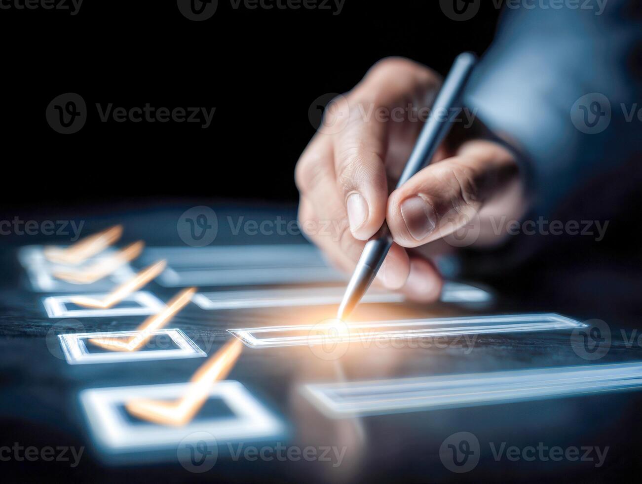 Person using a stylus to mark completed checkboxes on a virtual digital interface symbolizing goal tracking and task management in a high-tech environment photo