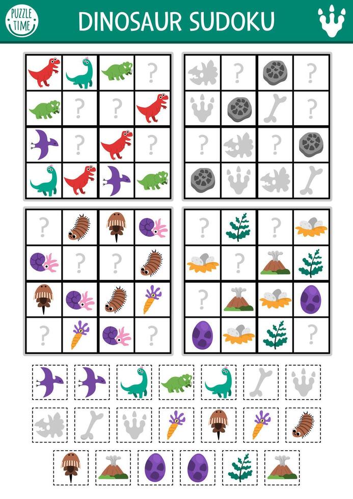 Dinosaur-themed Sudoku puzzle for kids vector