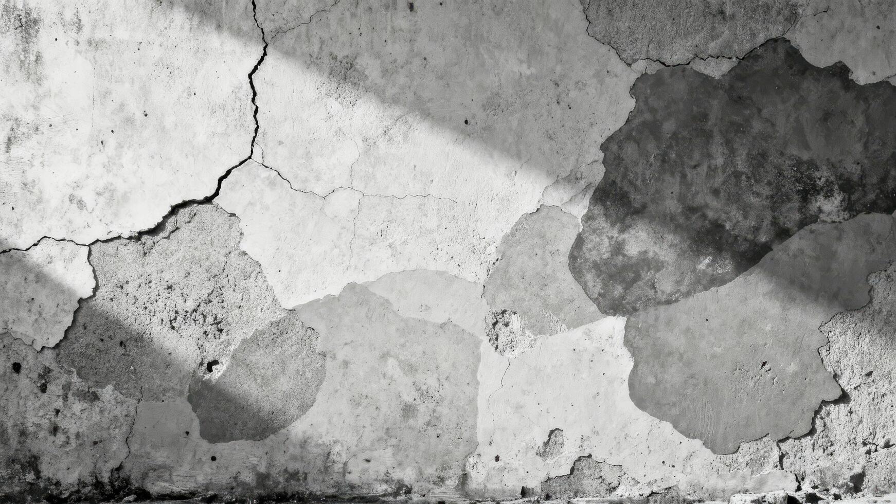 Monochromatic texture displays severely distressed and deteriorating concrete surface with deep fissures photo