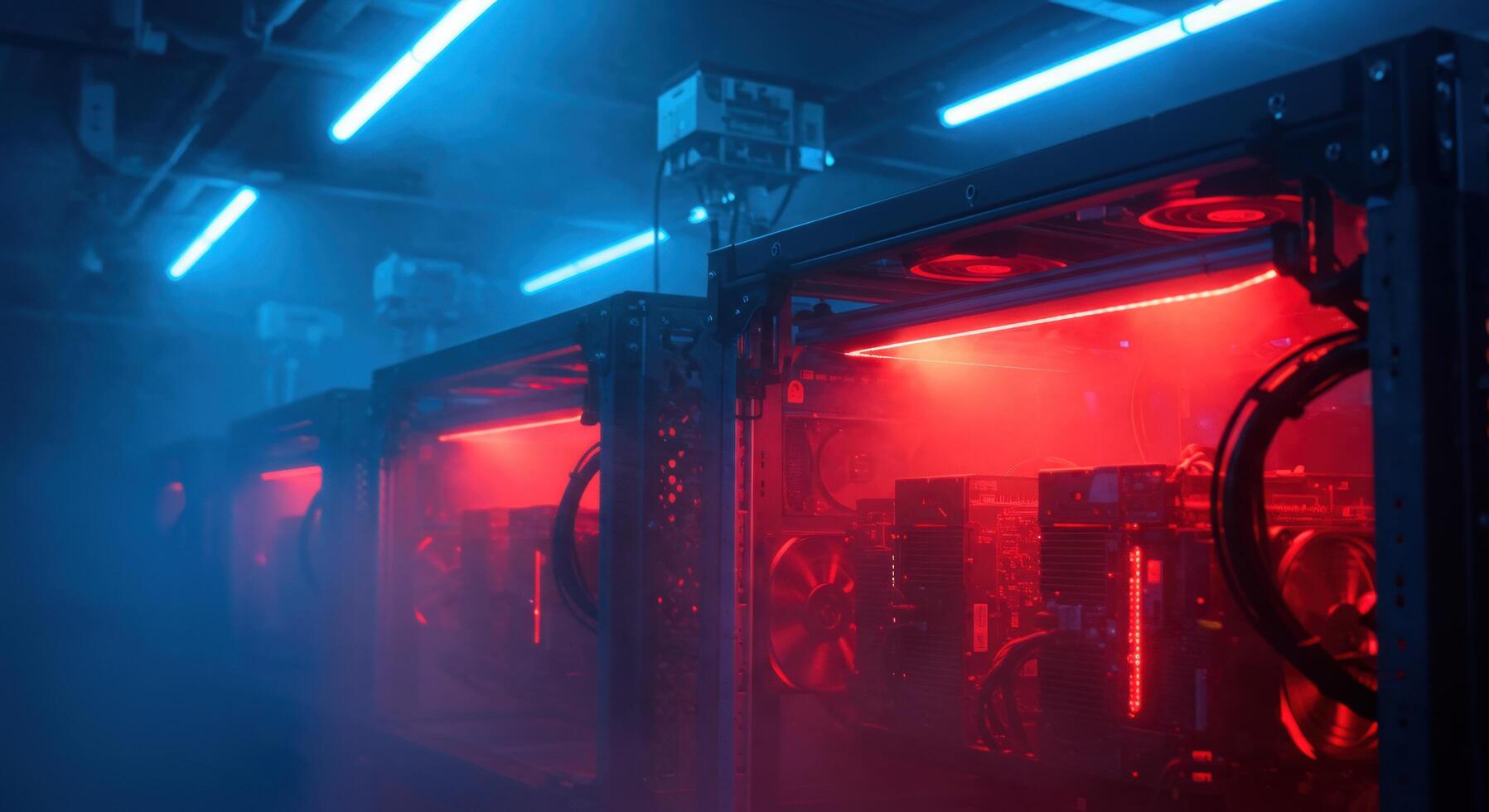 Computer server farm illuminated by neon lights for data processing photo