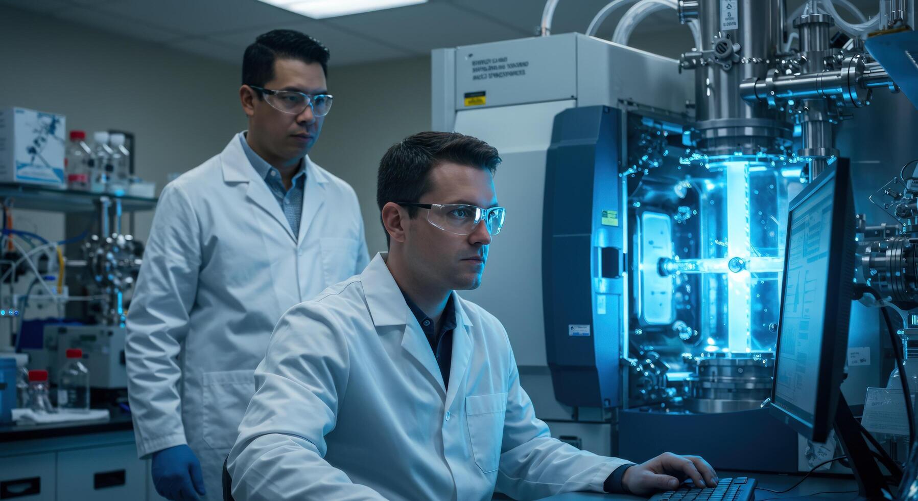 Scientist working in laboratory analyzing data on computer screen photo