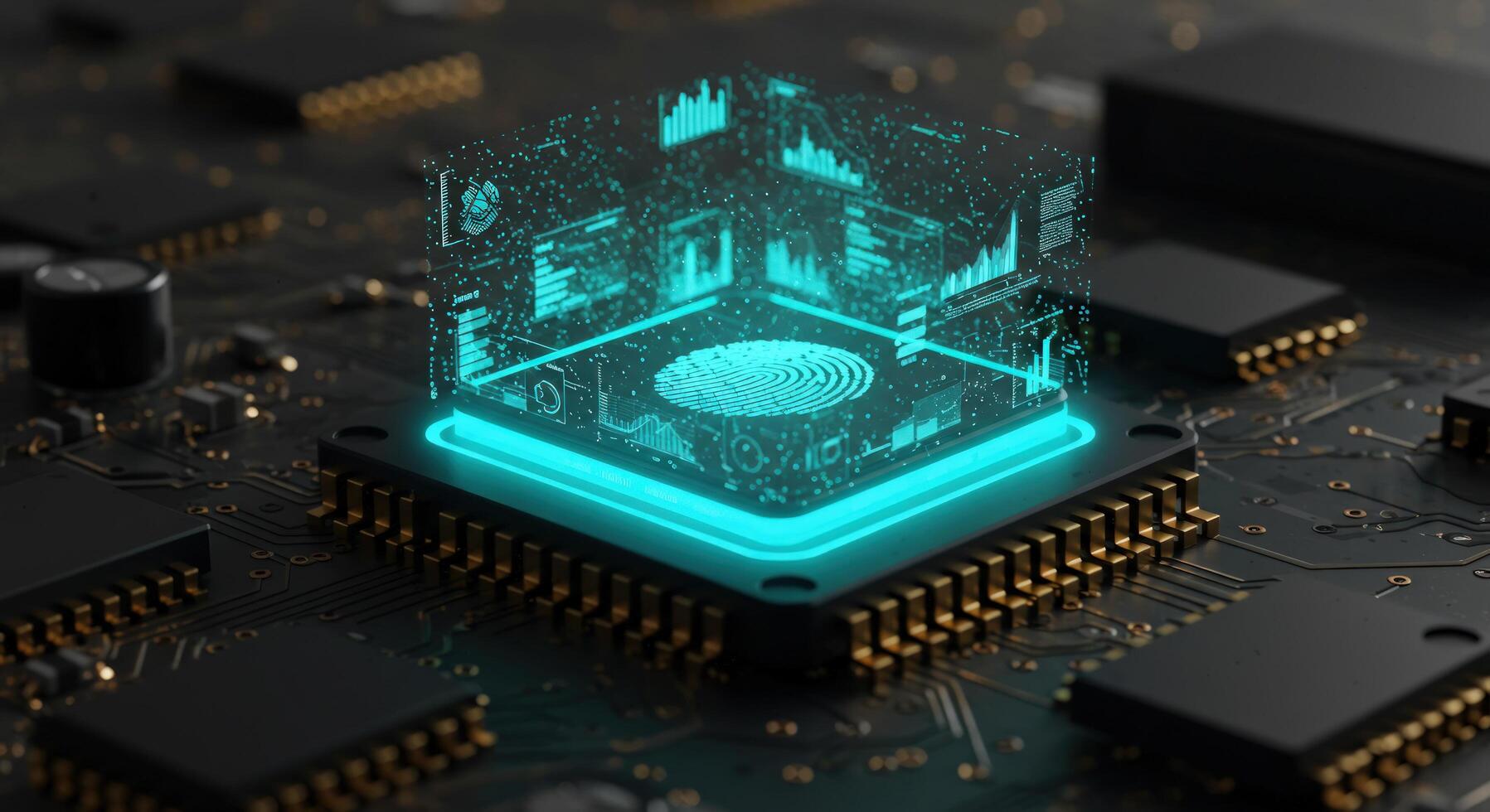 Processor unit with holographic display of biometric fingerprint and data analysis photo