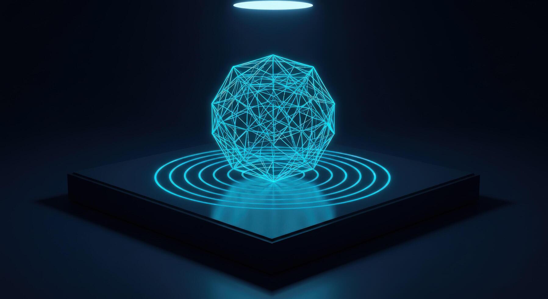 Glowing polygonal shape with lines on illuminated platform dark background photo