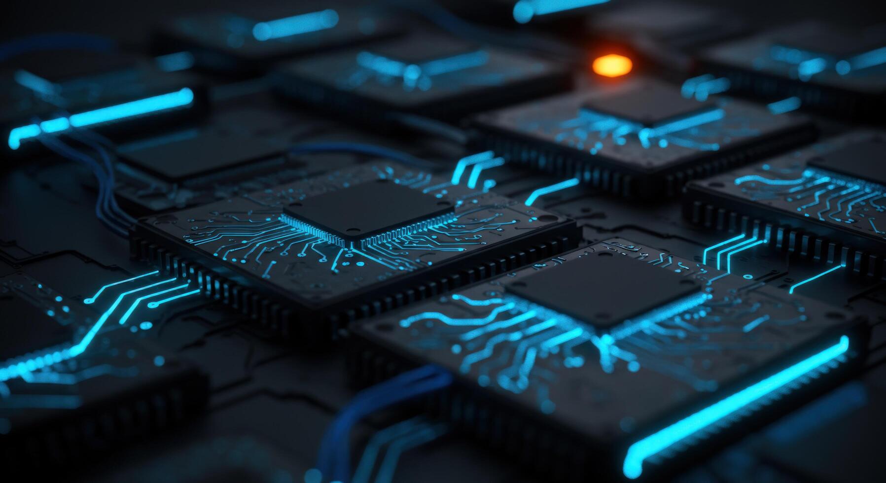 Abstract microchip processor array with glowing blue circuitry for tech photo