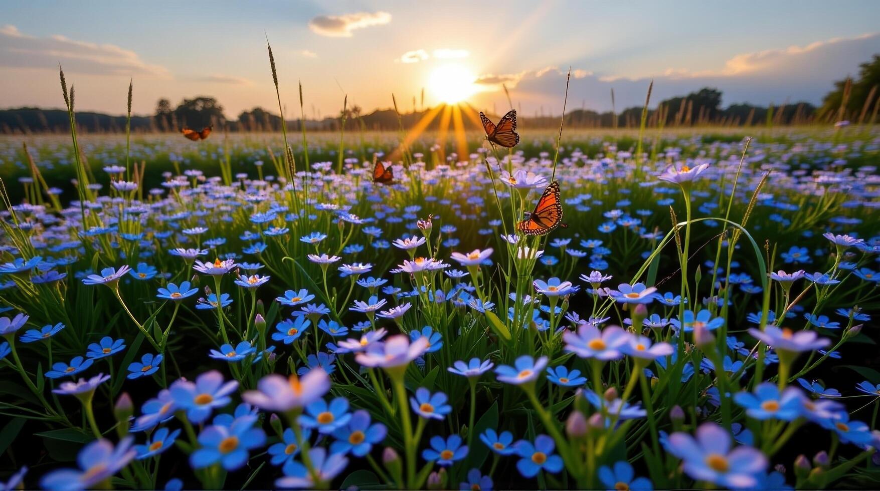 A time-lapse sequence unveils a breathtaking meadow of forget-me-nots, vibrant and alive, as the sun arcs across the sky, creating a rhythmic play of light and shadow, while butterflies weave photo
