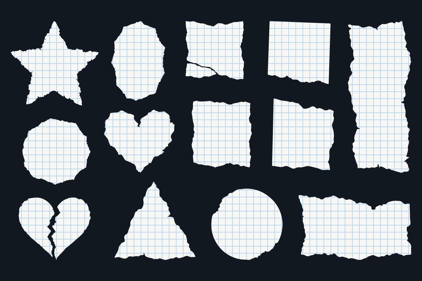 Set of torn graph paper scraps on dark background. Ripped notebook pieces in geometric shapes for collage, craft, and digital scrapbooking. vector