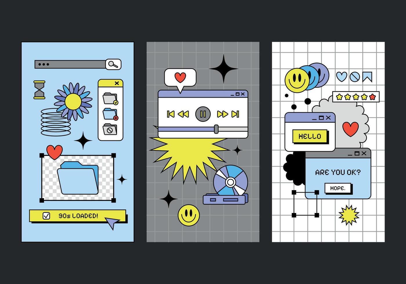 Collection of retro covers with flat UI and UX elements of Y2K windows style. Graphic frames and computer game elements. Nostalgic style of 80s, 90s. Cartoon old computer screen. Trendy windows, signs vector