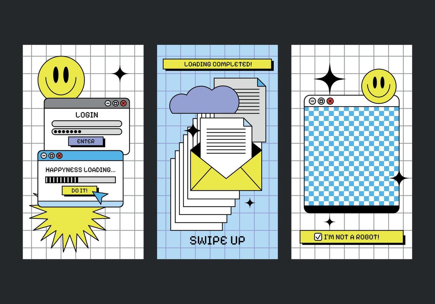 Set of retro covers with flat UI and UX elements of Y2K windows style. Graphic frames and computer game elements. Nostalgic style of 80s, 90s. Cartoon old computer screen. Graphic windows, signs. vector