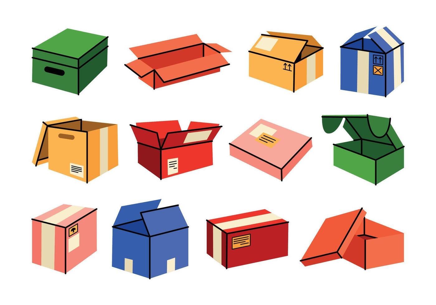 Cute gift and delivery boxes in retro cartoon. Open and closed boxes, shipping elements. Groovy and vibrant collection of boxes in trendy flat doodle illustration. Packages of different shapes. vector