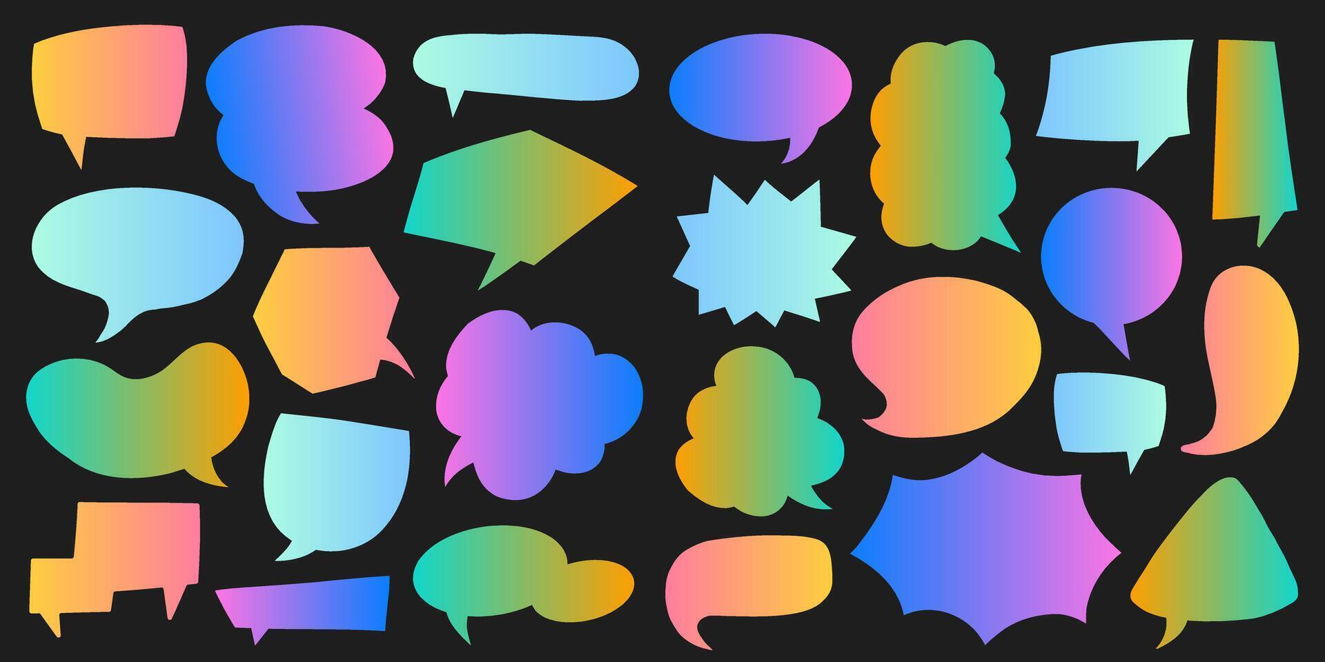 Modern chat icons with holographic gradients. A vibrant set of colorful speech and thought bubbles for trendy posters or digital graphics. vector